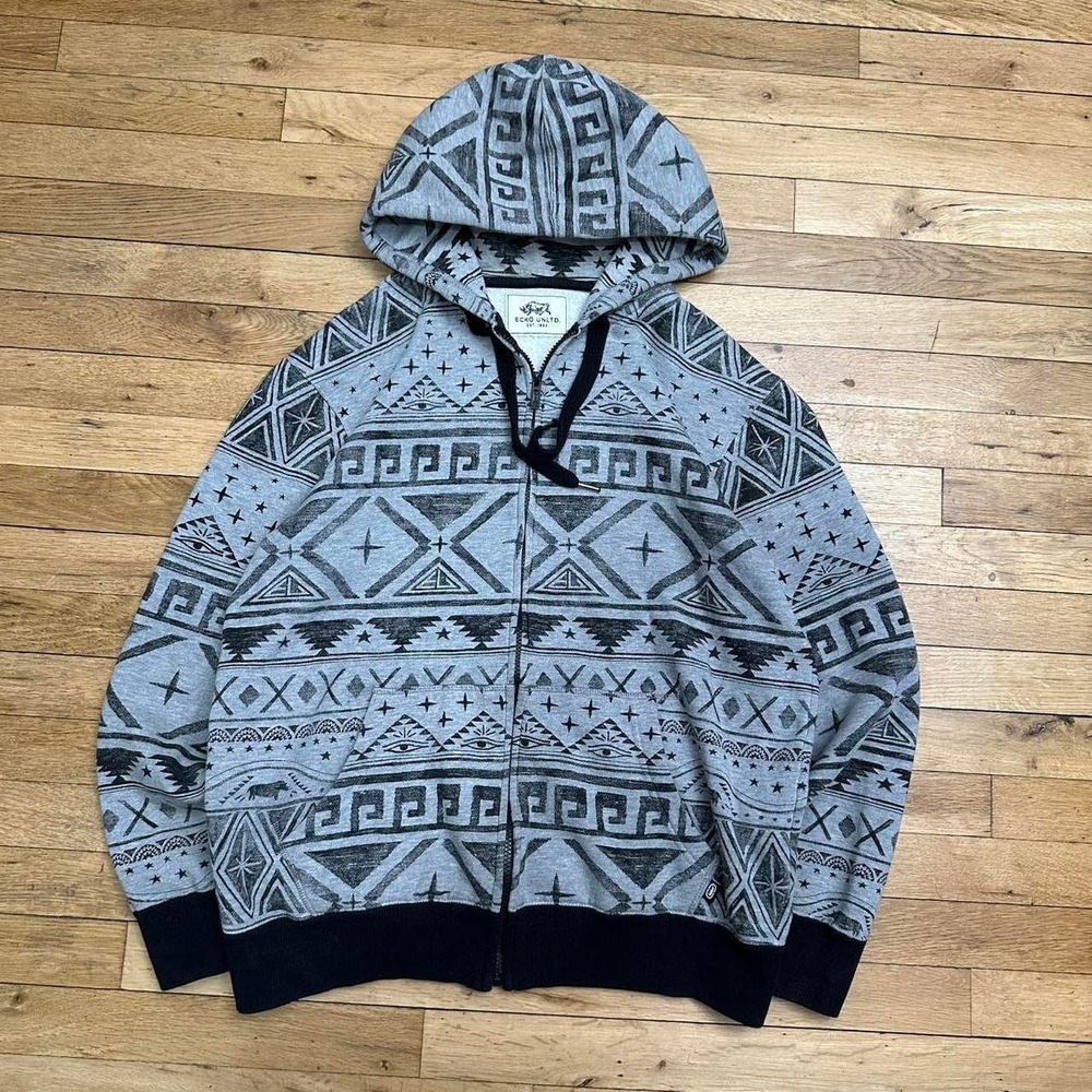 Y2K Ecko Unltd Mens Grey Tribal Geometric Print Full Zip Hoodie Sweatshirt Large
